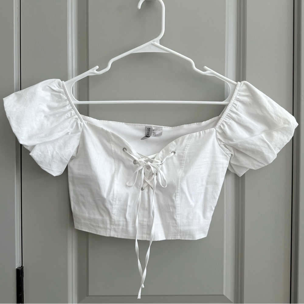 H&M White Lace-Up Puff Sleeve Blouse